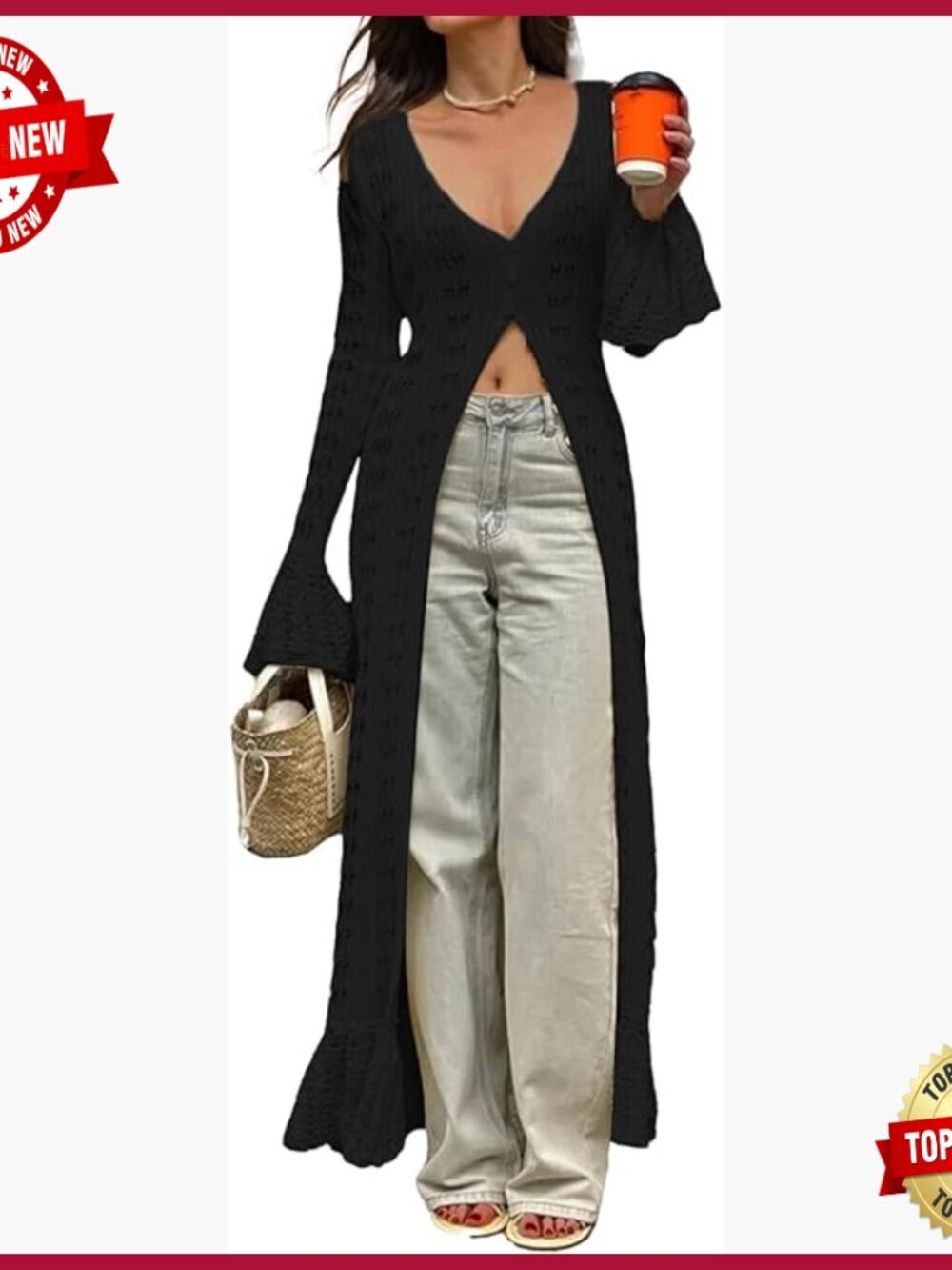 Women Long Crochet Cardigan Button Up Knit Hollow Out Duster Sweater Cover Up